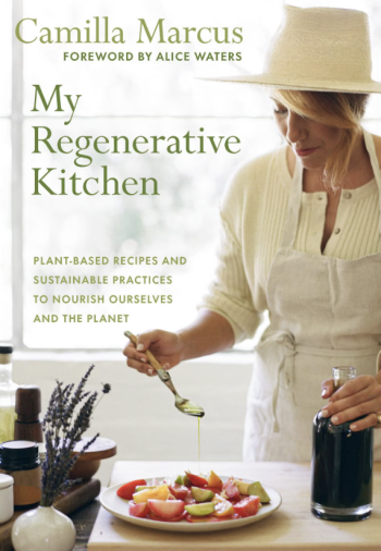 My Regenerative Kitchen book cover with a woman wearing a hat and matching apron plating vegetables
